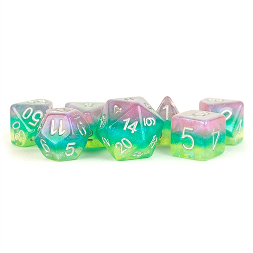 Layered Stardust Radiance - Polyhedral Resin 16mm - Rollespils Terning Sæt - Metallic Dice Games